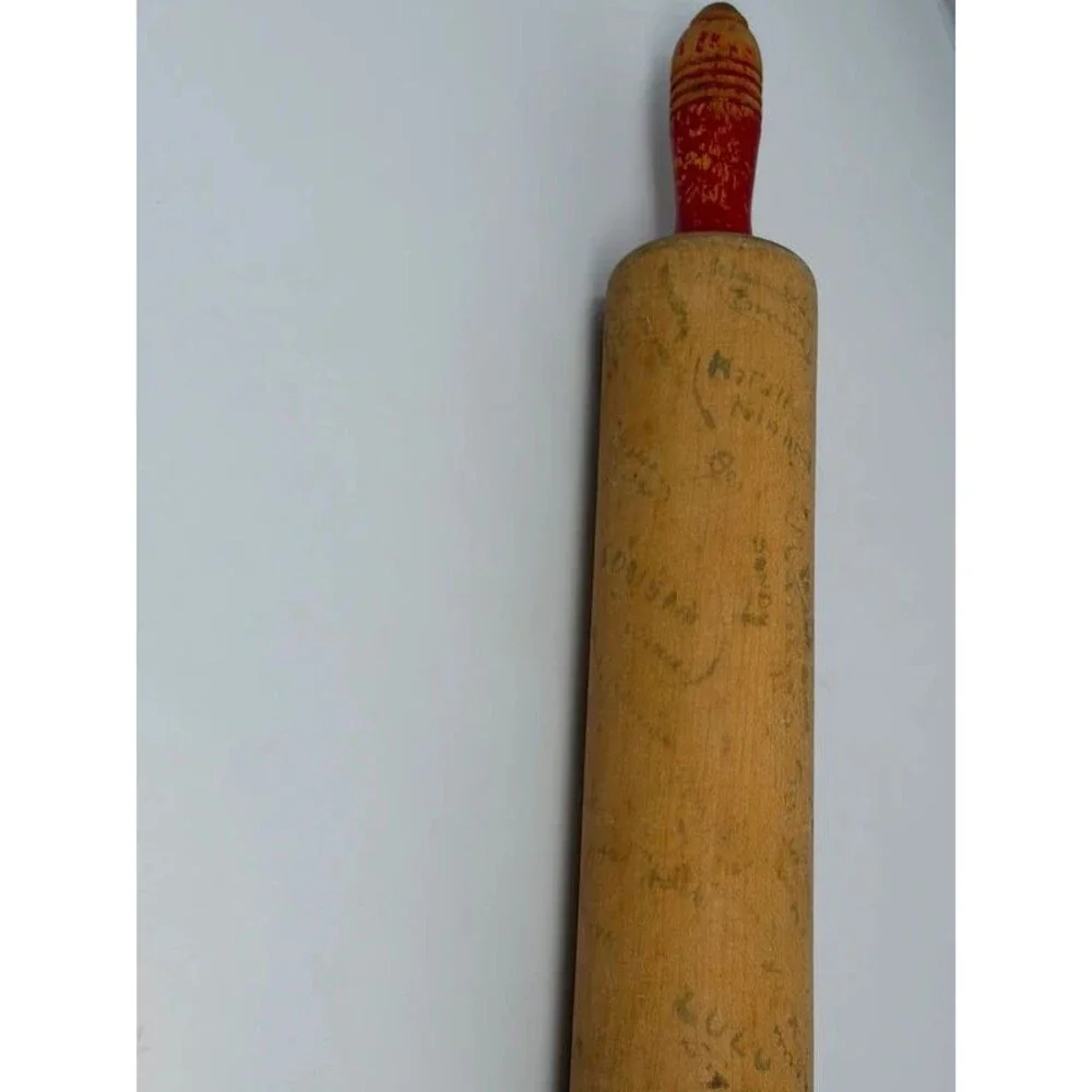 Vintage Signed Wooden Rolling Pin Red Handles Novelty Guest Book Bridal Gift